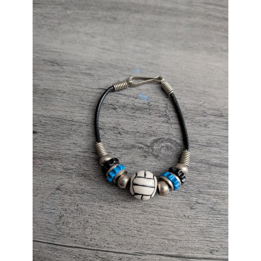 Volleyball Charm Bracelet Black Cord Silver Tone Blue Black Accents Sporty Gift